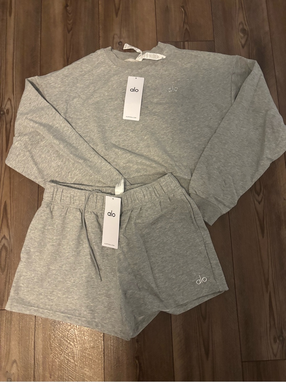 ALO Yoga Heather Gray Cropped Sweatshirt & Drawstring Shorts Set top and bottom